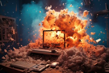 Disastrous Computer desktop exploding. Home accident. Generate Ai - obrazy, fototapety, plakaty