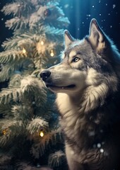 portrait beautiful wolf in a winterforest - ai-generated