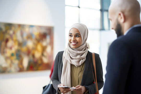 Portrait of a muslim woman, art academy student at a contemporary exhibition at the museum of contemporary art. Talking to art curator and gallery manager. In the background abstract paintings