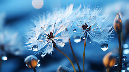 A close up of a dandelion with water droplets on it petals and a blue background