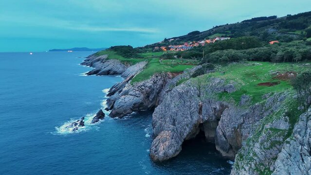 Cliffs in the surroundings of La Milla Medida de Islares. Aerial view from a drone. Castro Municipality. Cantabrian Sea. Cantabria. Spain. Europe