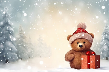 Cute bear cube in a red Christmas scarf and hat against snowy winter forest background. Holiday New Year greeting card concept. Little animal