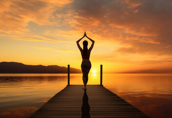 Fototapeta premium woman doing yoga in front of the sea on sunset