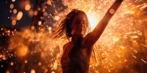 woman dancing in front of firework