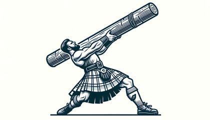 Caber toss. Scottish strongman athlete vector icon. Scotland man in kilt tossing the caber at highland games.