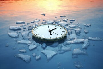 Clock immersed in melting ice, symbolizing limited time for climate action. Generative AI