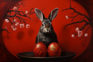 Chinese New Year. Rabbit with painted eggs against red backdrop