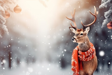 Elegant reindeer in a red Christmas scarf against snowy winter forest background. Holiday New Year greeting card concept. - obrazy, fototapety, plakaty