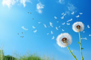Blowing dandelion against blue sky. Generative AI