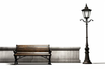 Bench, streetlamp, bin on white background. Generative AI