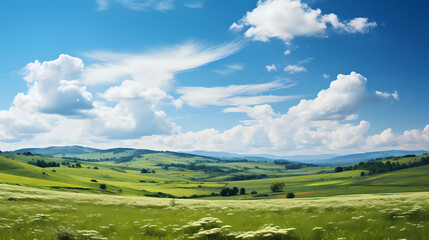 A field with a bright blue sky and clouds above it and a green field with grass and flowers in the foreground