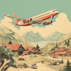 An illustration of traveling by plane showcases a sleek aircraft soaring high in the sky, emphasizing the thrill and convenience of air travel