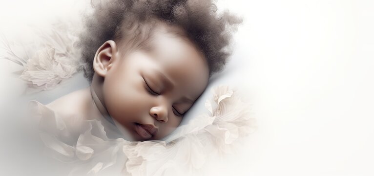 Condolence, grieving, loss, funerals, for sudden death of  newborns (SIDS). African baby lying on soft and neutral background for showing a tragic reality and familial mourning. 