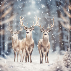Three Elegant reindeers against snowy winter forest background. Holiday Christmas and New Year greeting card concept.
