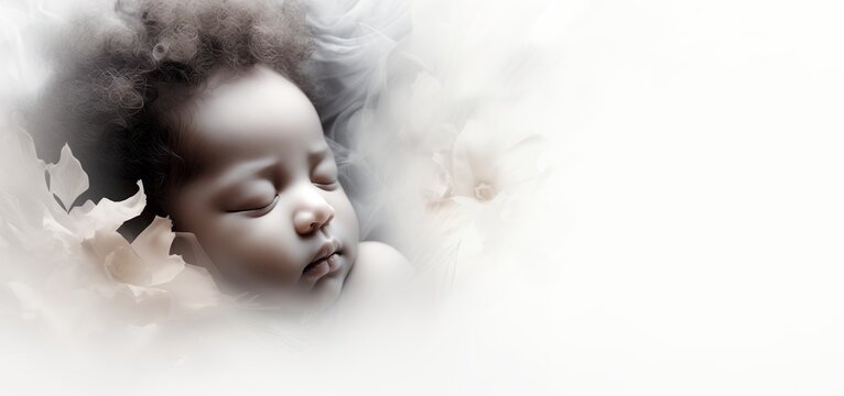 African newborn lying in soft colored blooms raising awareness of social and familial topics like infant funerals and struggle to cope with Sudden Infant Death Syndrome (SIDS).