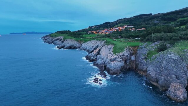 Cliffs in the surroundings of La Milla Medida de Islares. Aerial view from a drone. Castro Municipality. Cantabrian Sea. Cantabria. Spain. Europe