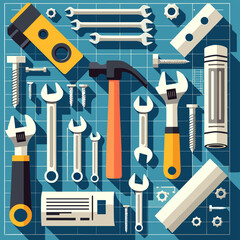 Assortment of Tools on Blueprint in Crisp Vector Design