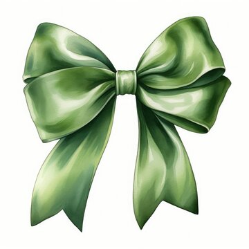 Watercolor.  Drawing of a green bow on a white background. 