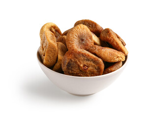 Bowl with sweet dried figs on white background