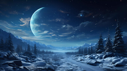 A snowy landscape with trees and a full moon in the sky above it is a blue sky with stars and a blue sky with a few white clouds