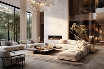 Opulent and Spacious Living Room Design with Soft White Sofas, Refined Woodwork, Tall Windows, and Contemporary Staircase Accents