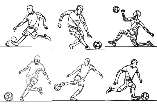 The Beautiful football: African Footballers in Action, one line drawing, Editable Stroke graphics, authentic line art