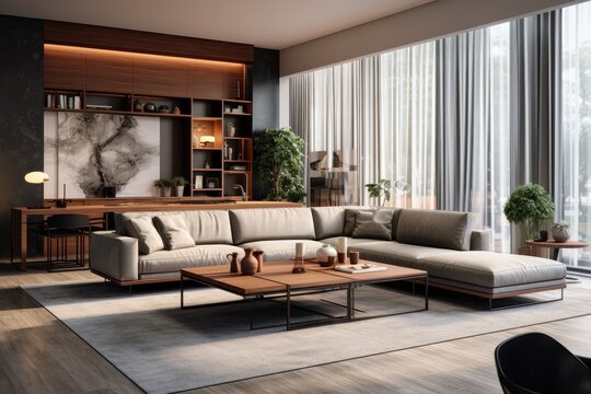 Earth Toned Contemporary Urban Apartment Interior with Neutral Tones, Elegant Sofa Arrangement, Wooden Shelving, and Sunlit Windows with Sheer Drapes