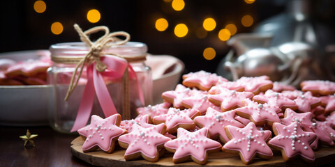 A stack of pink gingerbread cookies with Christmas icing decorations. Jars with pink bows in background and bokeh lights