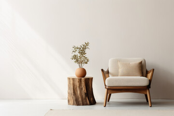 lounge chair and wood stump side table against beige stucco wall with copy space - obrazy, fototapety, plakaty