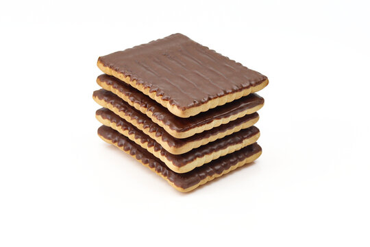 Stack of rectangle shape chocolate covered biscuits isolated on white background