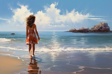 Serene Girl on beach sunset view. Horizon female. Generate Ai