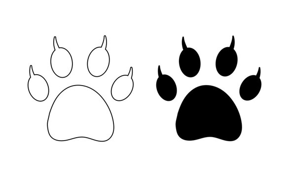 Cat paw footprint with claws on white. Vector. Silhouette, contour. Traces of tiger, lion, leopard, cheetah, jaguar, cougar, puma, serval, caracal, ocelot markings. Icon, clothing, print, pet store.