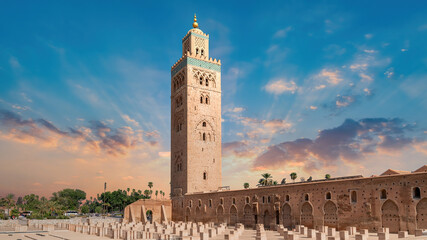 Koutoubia Mosque during sunset. Located at Marrakesh medina quarter, it is the largest and most...
