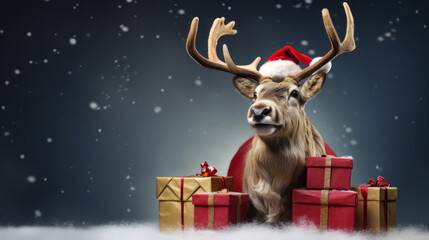 Merry Christmas concept holiday vacation winter greeting card - Cool reindeer with santa claus hat...