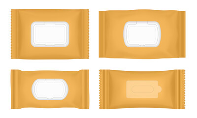 Wet wipes packaging with flap. Orange flow pack mockup. Pouch of wet toilet tissue. Antibacterial napkins.