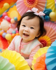 Asian girl having fun among lots of colorful toys