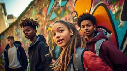 Young people of different ethnic backgrounds pose in front of a graffiti wall on the street - Powered by Adobe