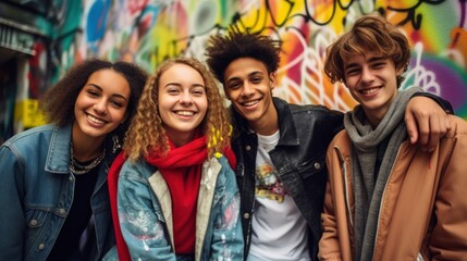 Young people of different ethnic backgrounds pose in front of a graffiti wall on the street