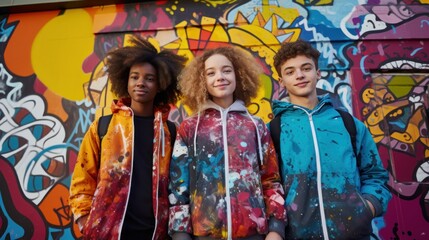 Fototapeta na wymiar Young people of different ethnic backgrounds pose in front of a graffiti wall on the street