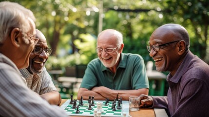 A group of African and Caucasian old men playing chess in the park.