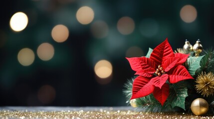 Close-up of traditional Christmas flowers, beautiful poinsettia on table indoors, greeting card. - obrazy, fototapety, plakaty