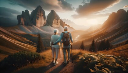 Elderly couple in love holding hands and hiking trough scenic nature, active seniors concept, healthy lifestyle background  - obrazy, fototapety, plakaty