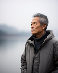 Middle-aged Asian man at the edge of a foggy lake