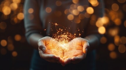 Christmas miracle - glowing LED light garland in hands, bokeh background.