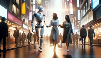 Humans and robots concept background, women walking with Robot in the city streets, artificial intelligence connection with people  - obrazy, fototapety, plakaty