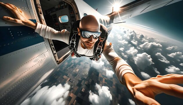 Portrait of man jumping out of plane, skydiving, extreme sports concept background 
