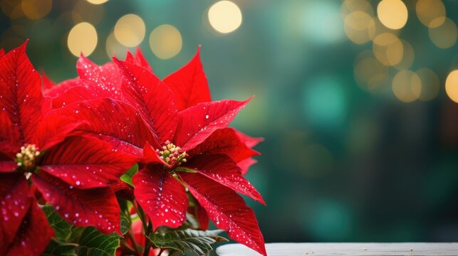 Traditional Christmas flowers, beautiful poinsettia on the table indoors, space for text.