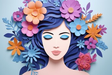 Illustration of woman face and flowers style paper cut with copy space for international women's day