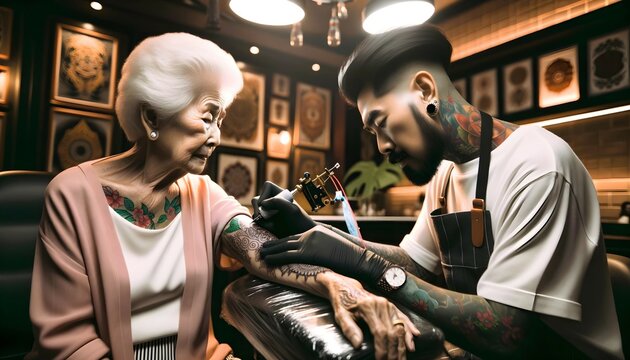 Tattoo artist working on tatoo on elderly woman in tatoo studio, professional artist concept, lifestyle background 