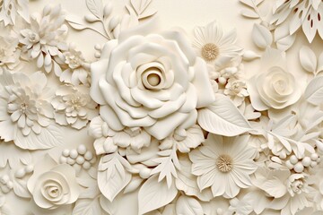 Abstract floral backdrop in ivory white with 3D elements. Generative AI